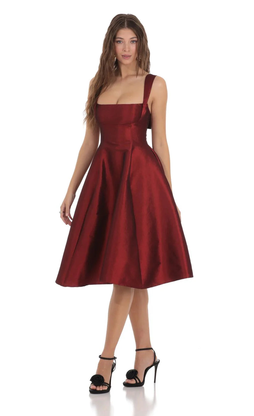 Square Neck Flare Midi Dress in Maroon