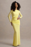 Deanna Lemon Asymmetric Long Sleeve Ruched Maxi Dress