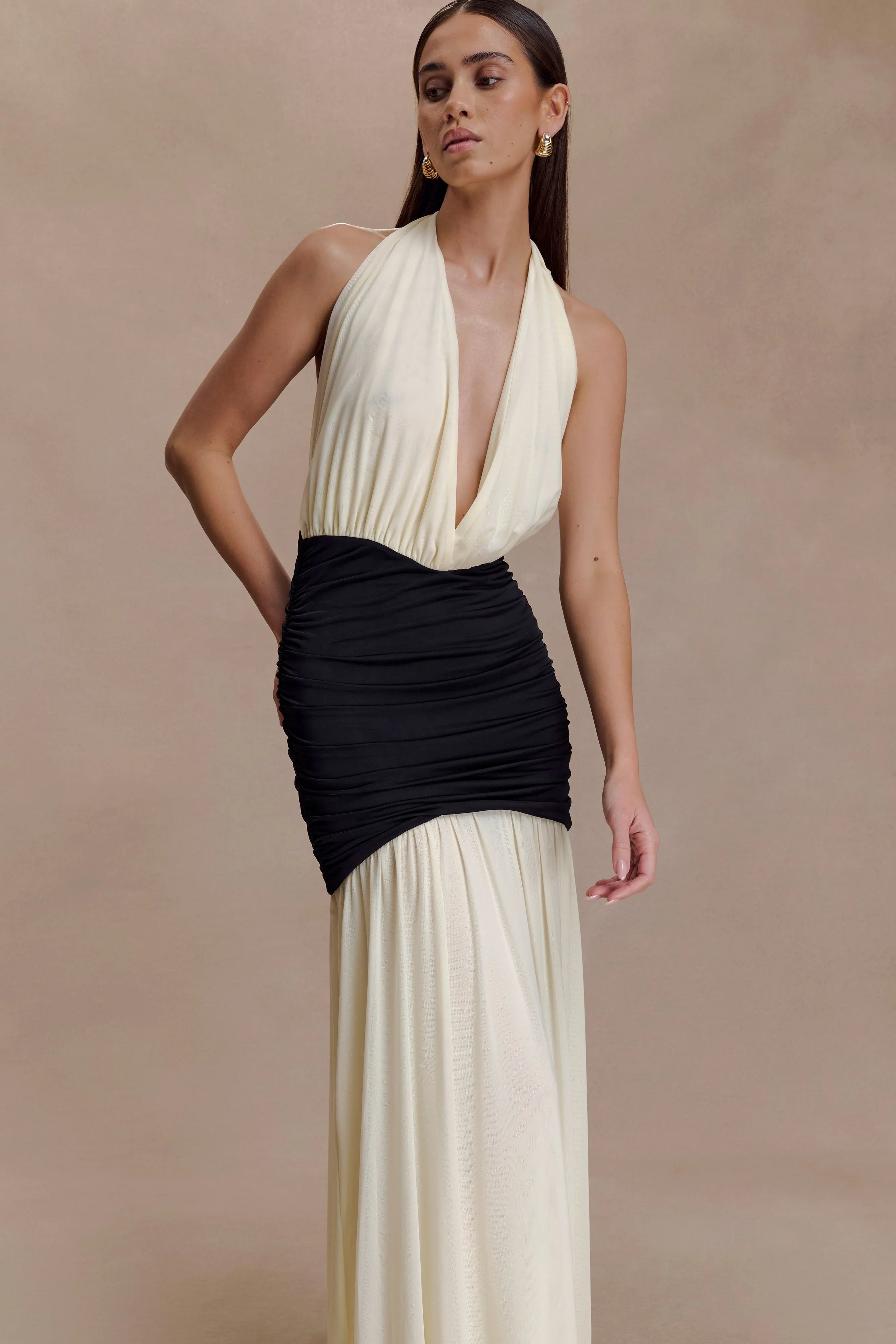 Hailee Slinky And Mesh Halter Maxi Dress Black White