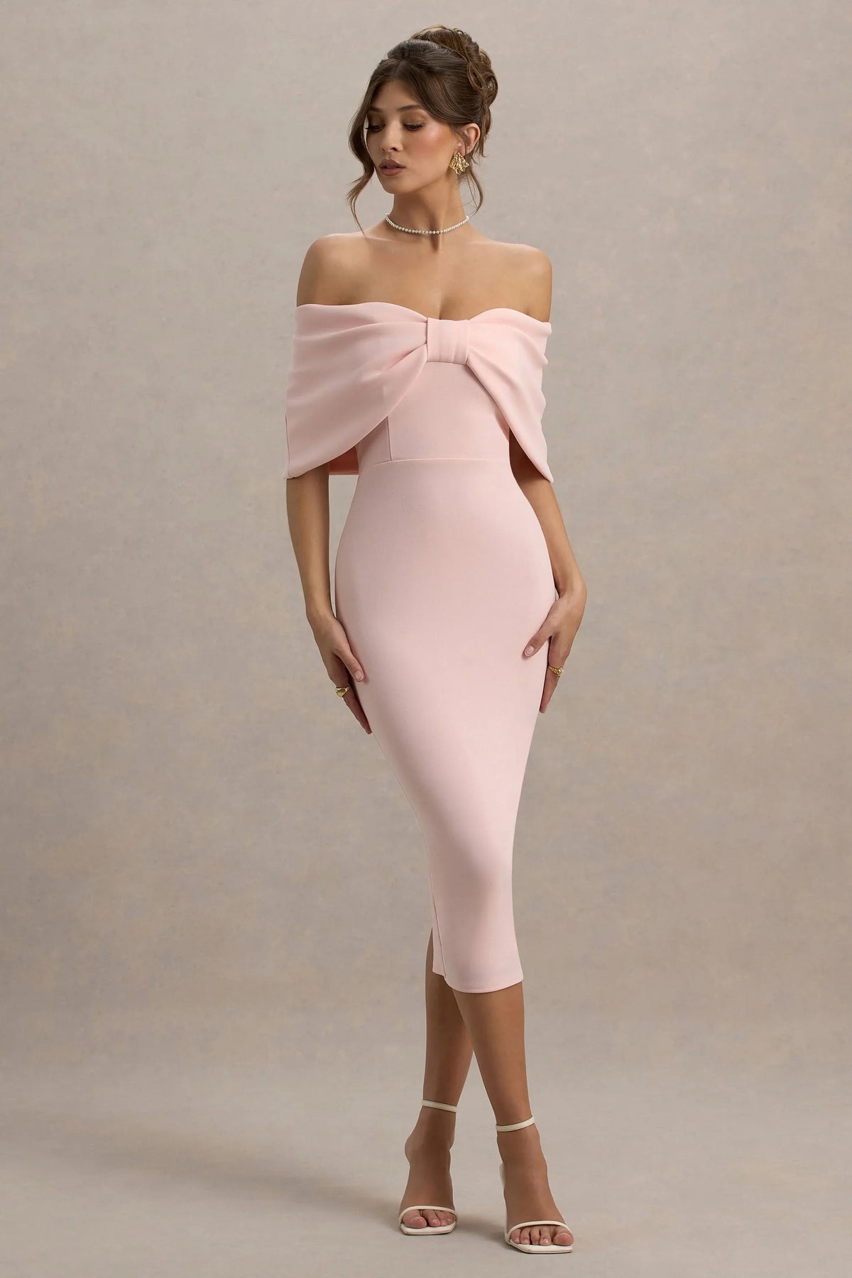Bayshore Pink Bow Bardot Midi Dress