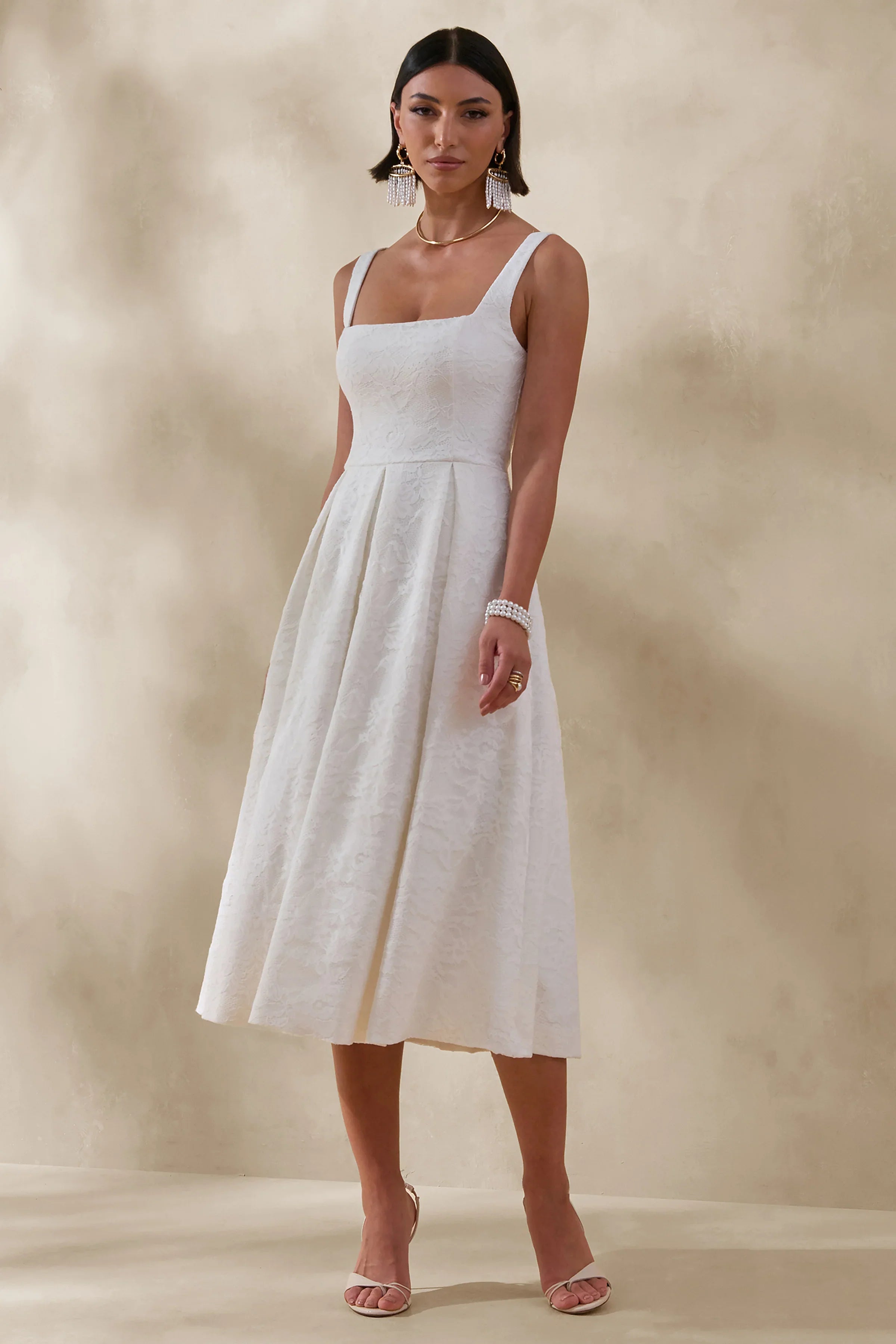 Ashmara White Lace Square Neck Midi Dress