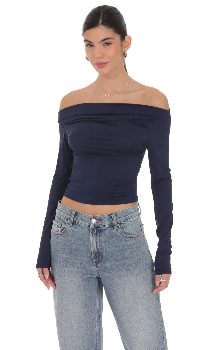 Ruched Off Shoulder Top in Navy