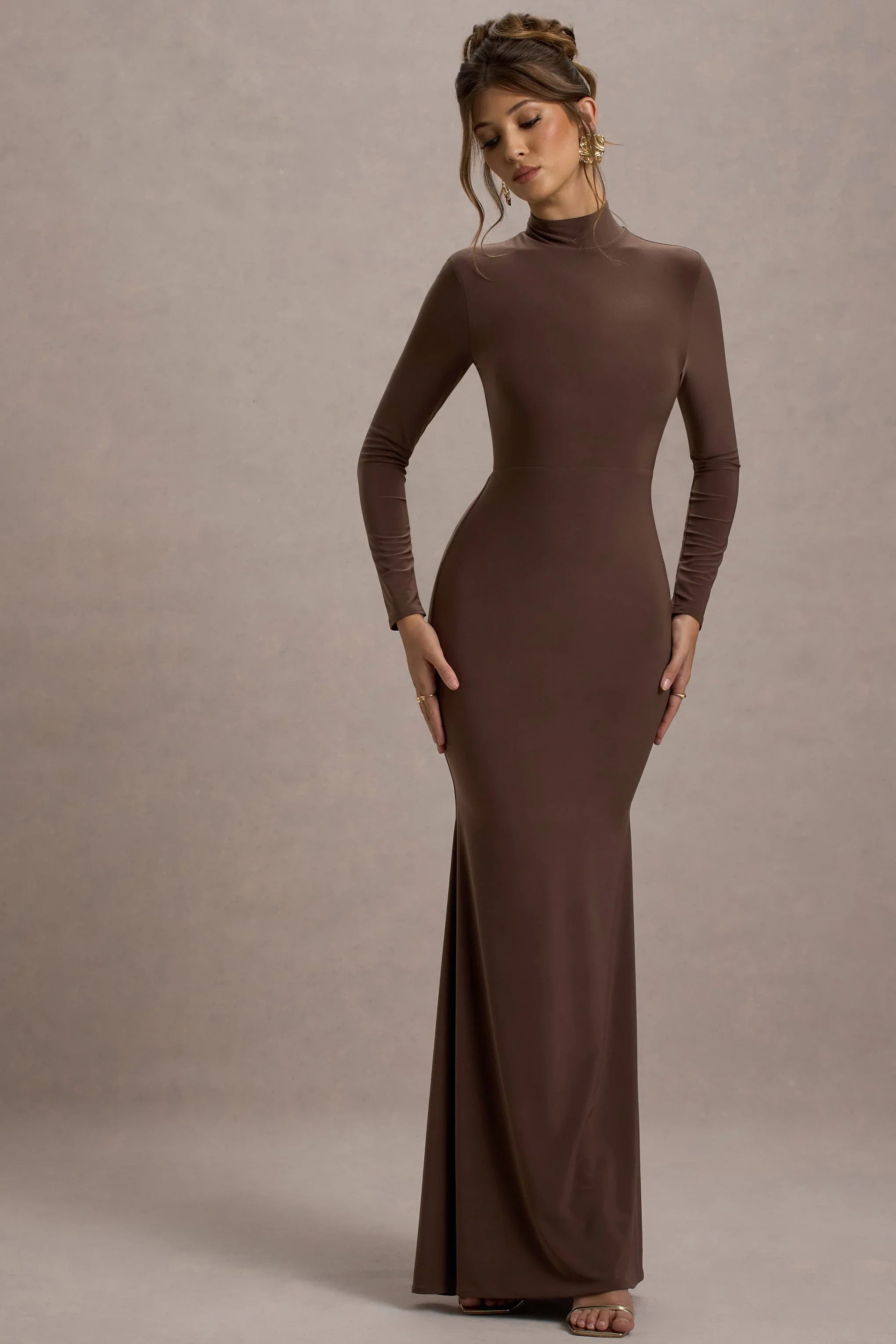Tova Chocolate High Neck Long Sleeve Maxi Dress