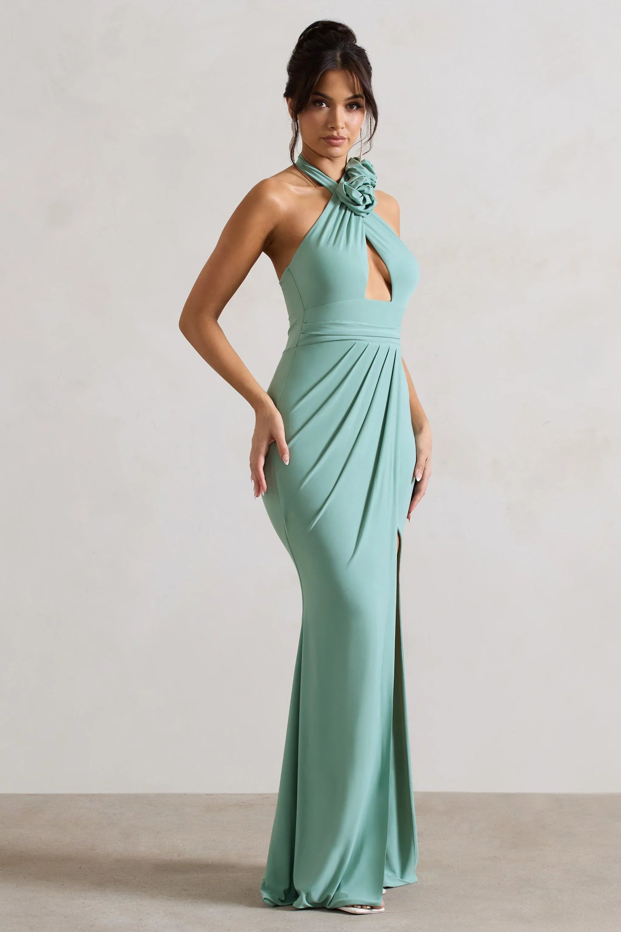 Kira Sage Halter Neck Cut Out Split Maxi Dress With Flowers