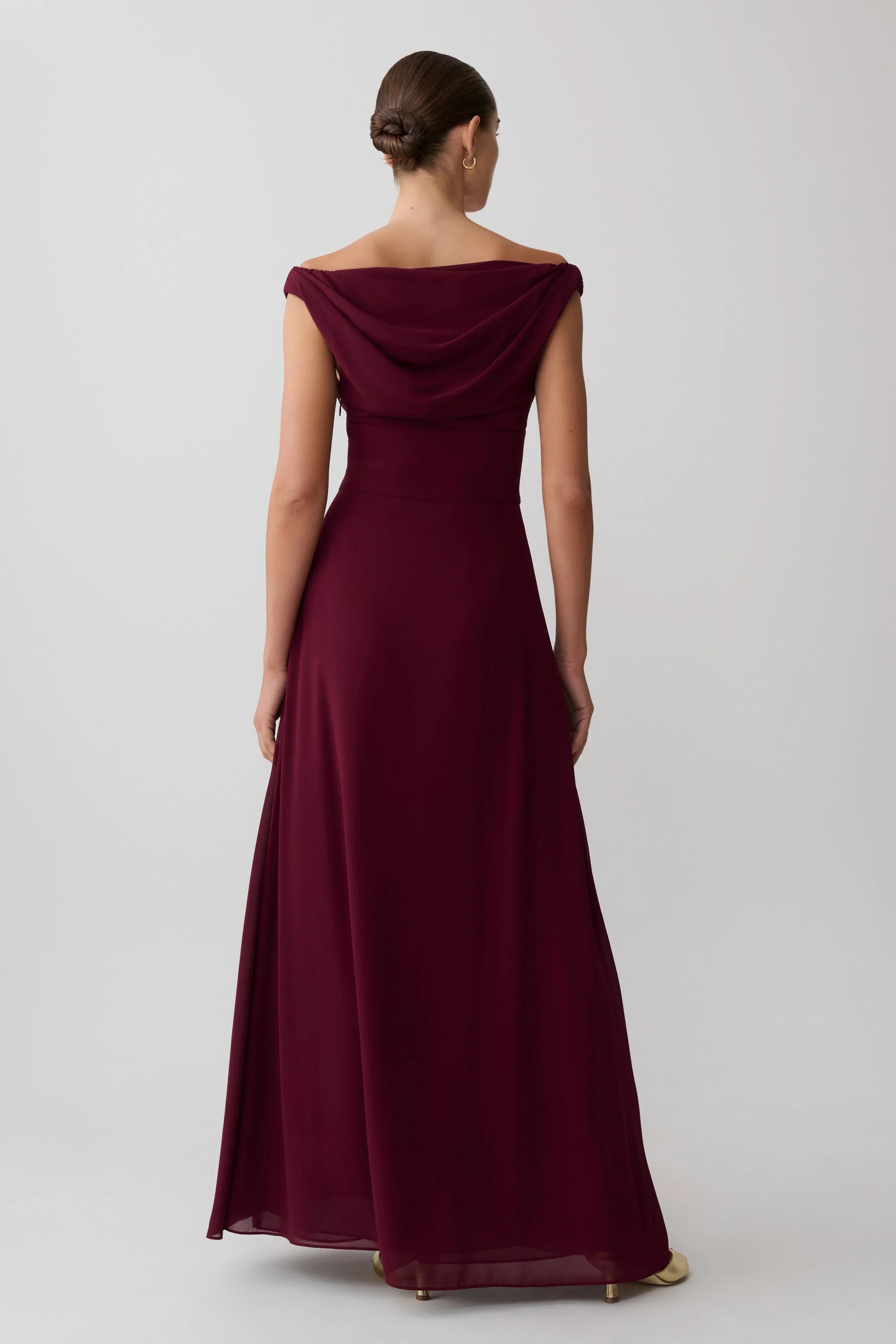 Mabel Off Shoulder Chiffon Maxi Dress Merlot
