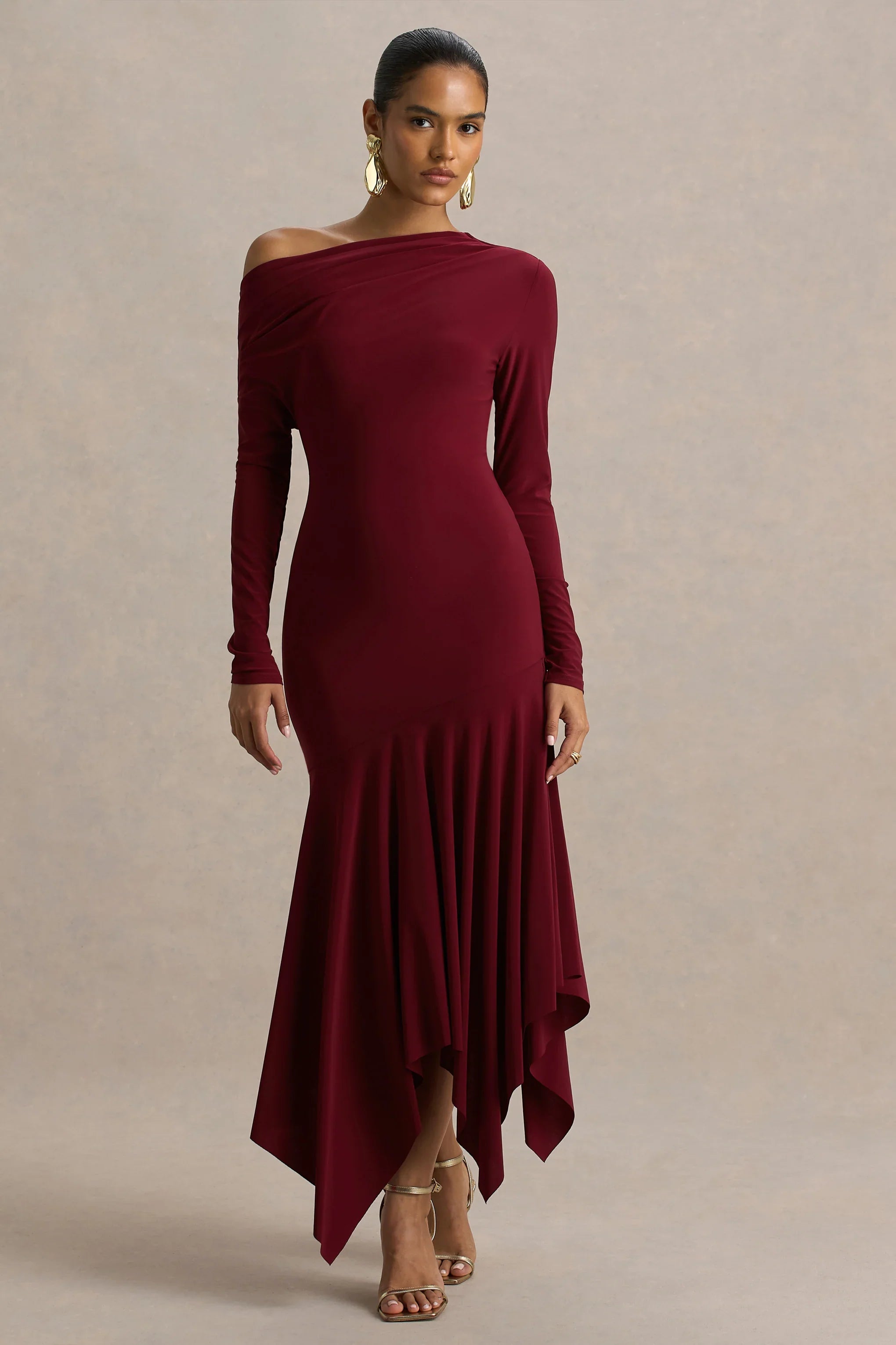 Isola Burgundy Asymmetric Neck Midi Dress With Hanky Hem