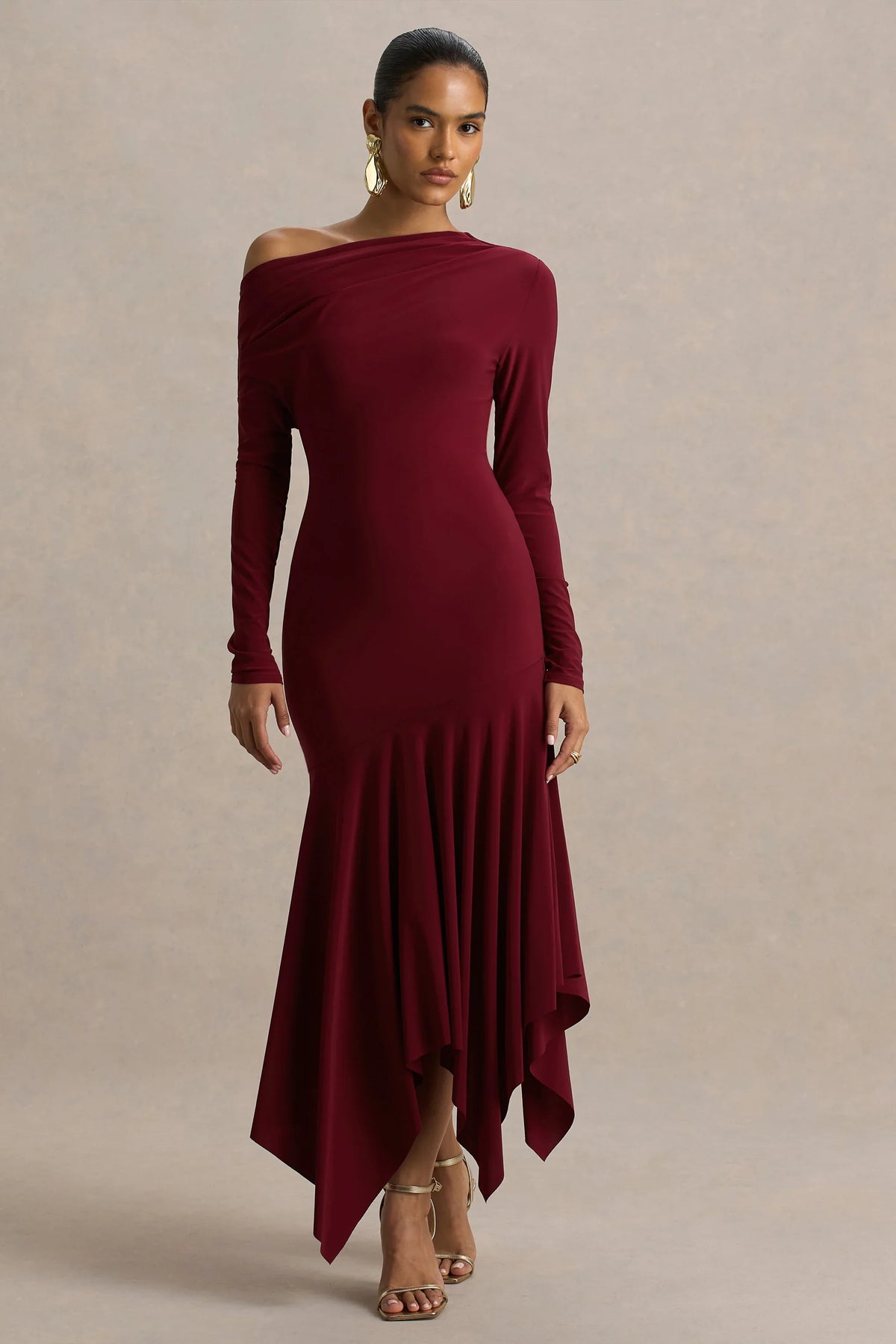 Isola Burgundy Asymmetric Neck Midi Dress With Hanky Hem