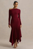 Isola Burgundy Asymmetric Neck Midi Dress With Hanky Hem