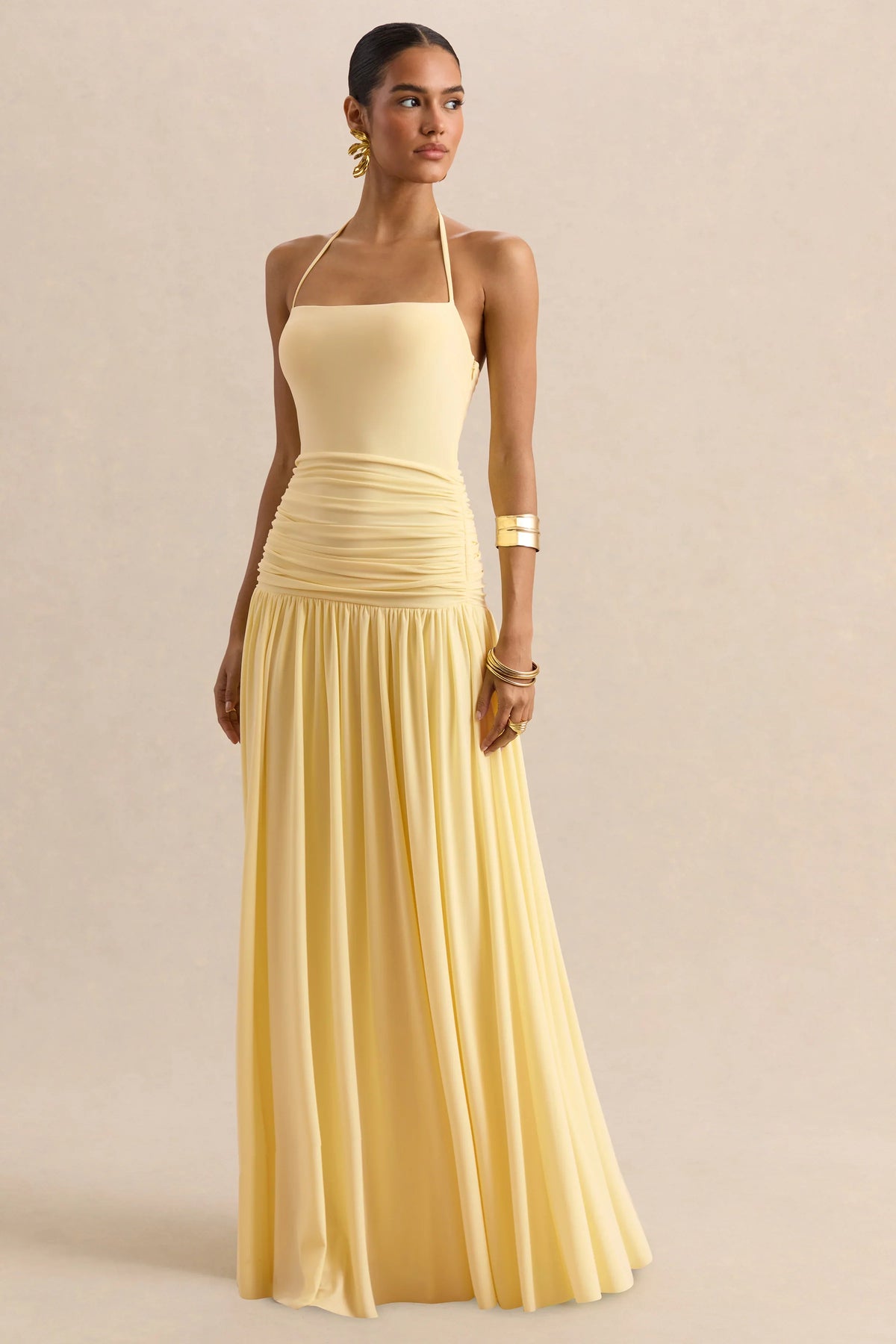 Nicolette Lemon Square Neck Maxi Dress With Ruched Detailing