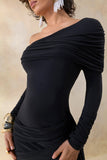 Franca Black Asymmetric Neck Midi Dress With Draped And Gathered Detailing