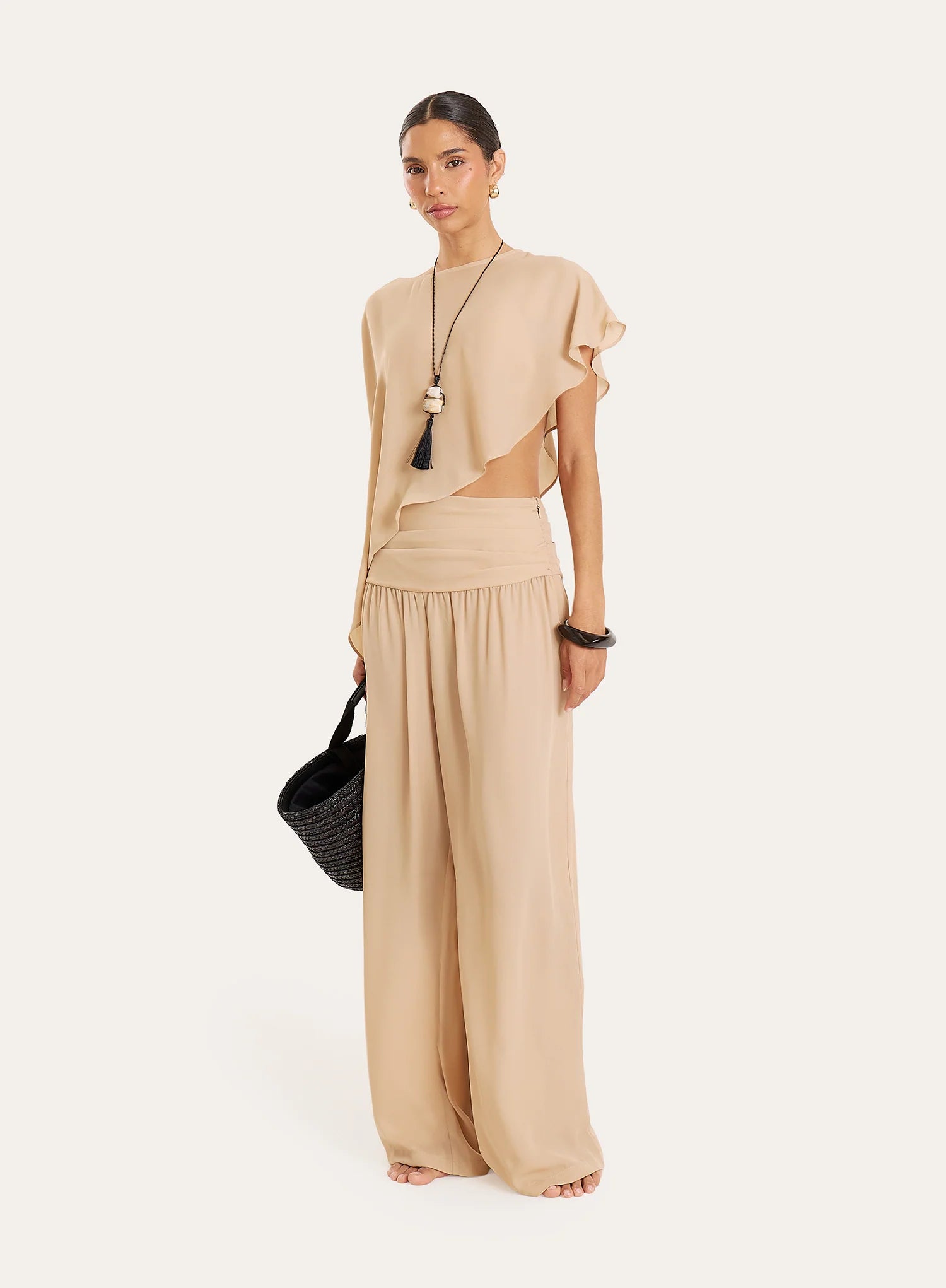 Beige Sheer Asymmetric Hem Cape Top