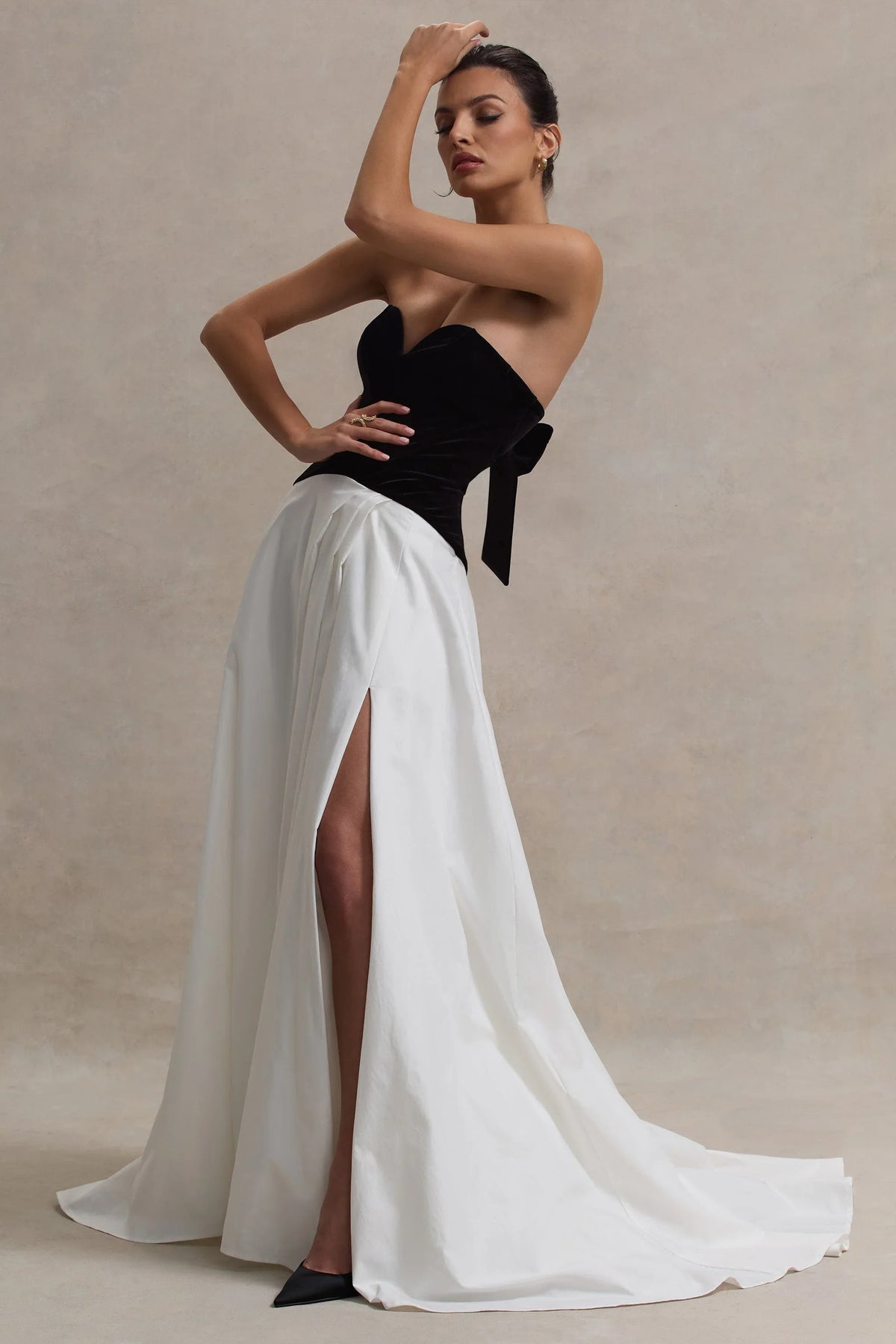 Lucienne Black Cream Sweetheart Corset Split Maxi Dress