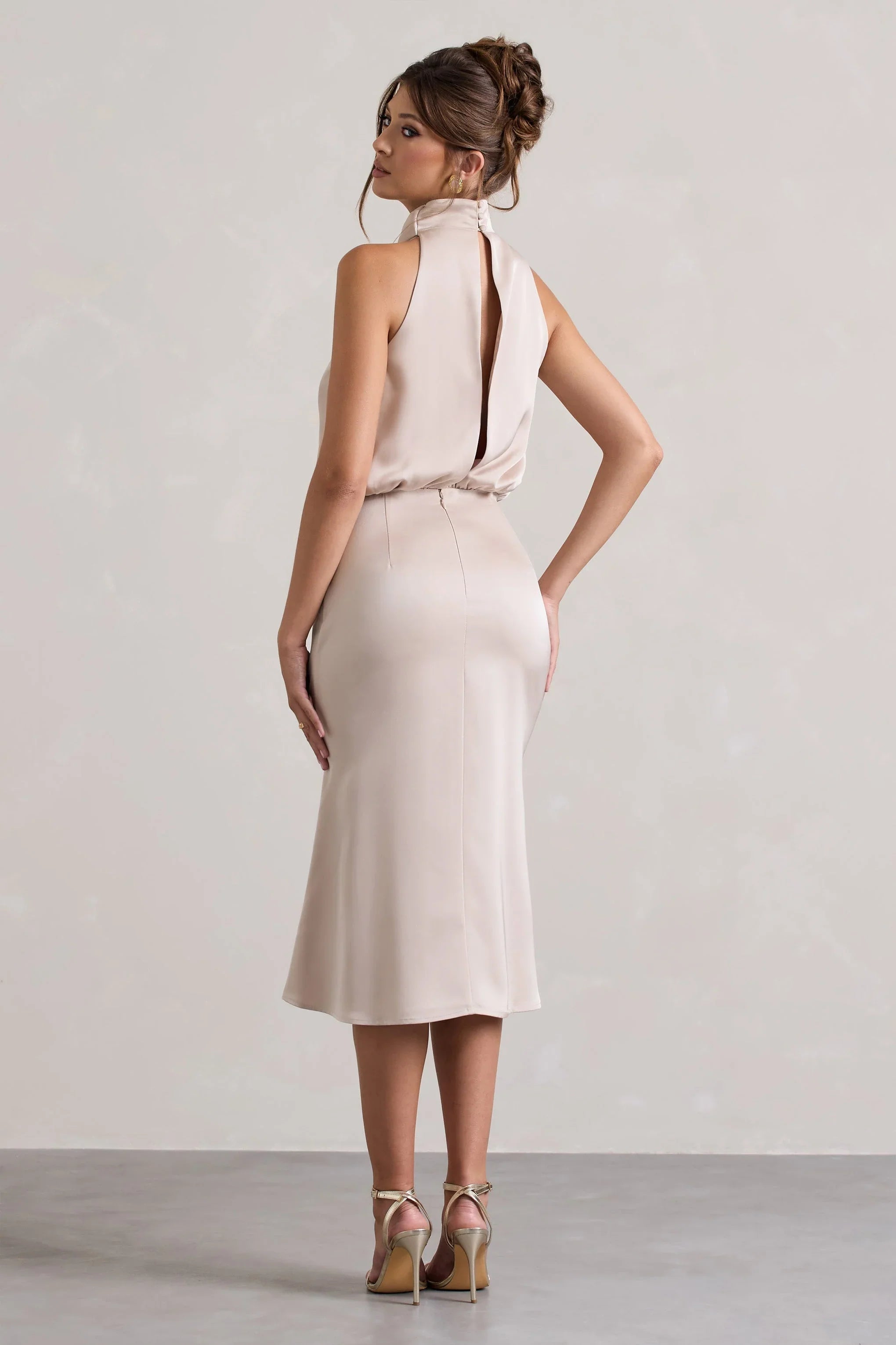Geena Champagne Satin Twisted High Neck Midi Dress