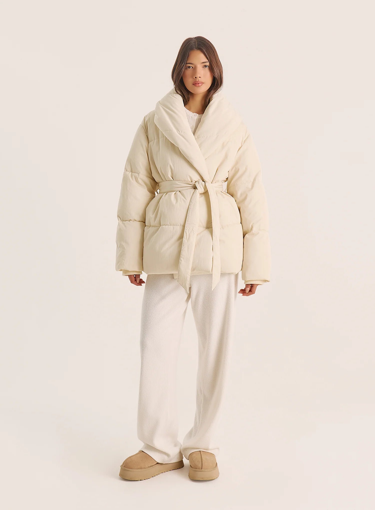 Cream Wrap Waist Belted Puffer Coat