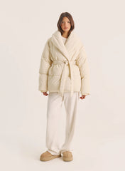 Cream Wrap Waist Belted Puffer Coat