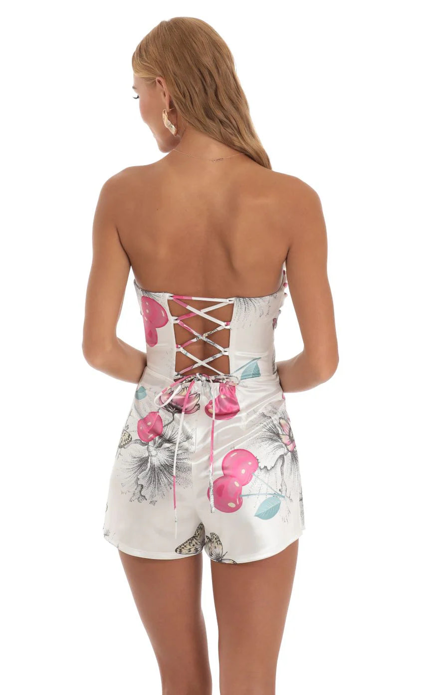 Cherry Butterfly Strapless Romper in White