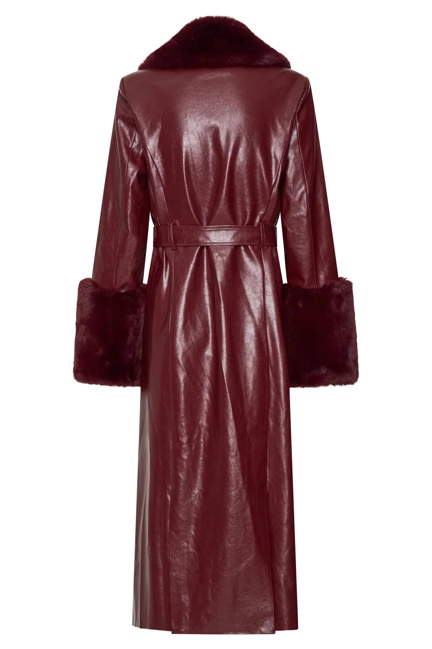 Bec Faux Leather Trench Coat With Faux Fur Cherry Red