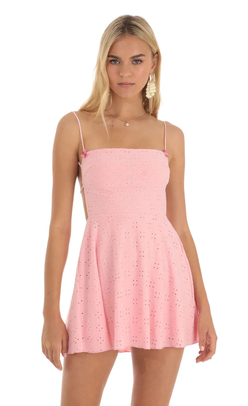 Floral Eyelet A Line Dress in Pink