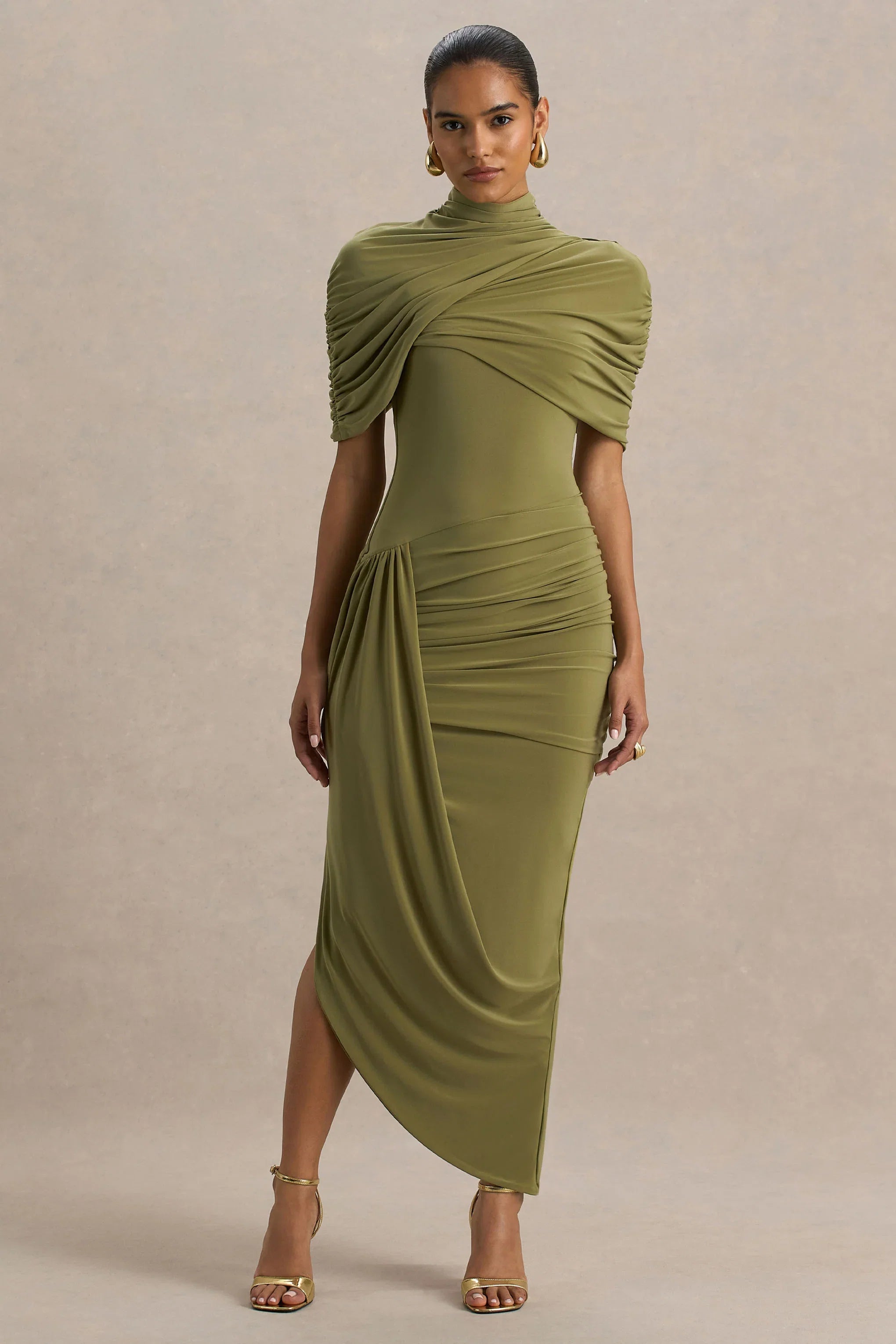 Enchant Olive Asymmetric Twisted Cape Midi Dress