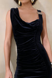 Jovita Black Velvet Cowl Neck Maxi Dress With Gathered Detailing