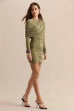 Anavine Olive Round Neck Mini Dress With Long Sleeves And Draped Detailing