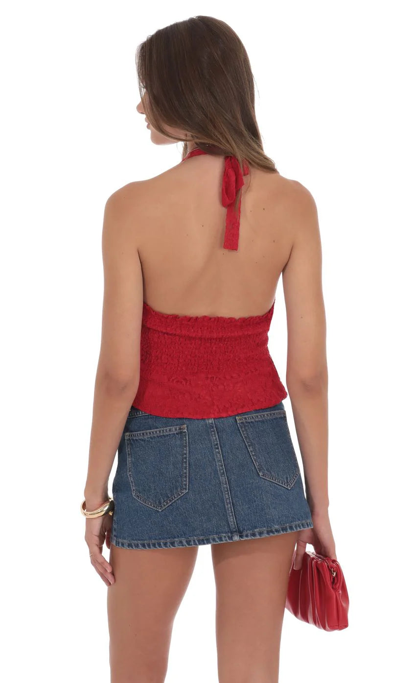 Lace V Neck Halter Top in Red