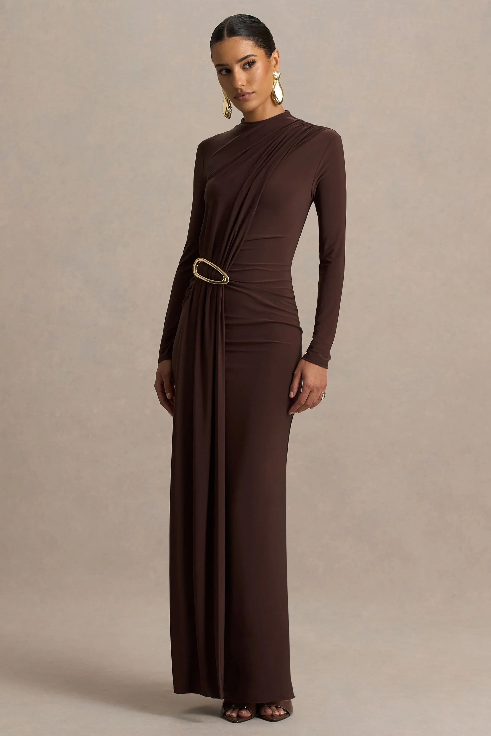 Zadie Brown High Neck Maxi Dress With Gathered Detail