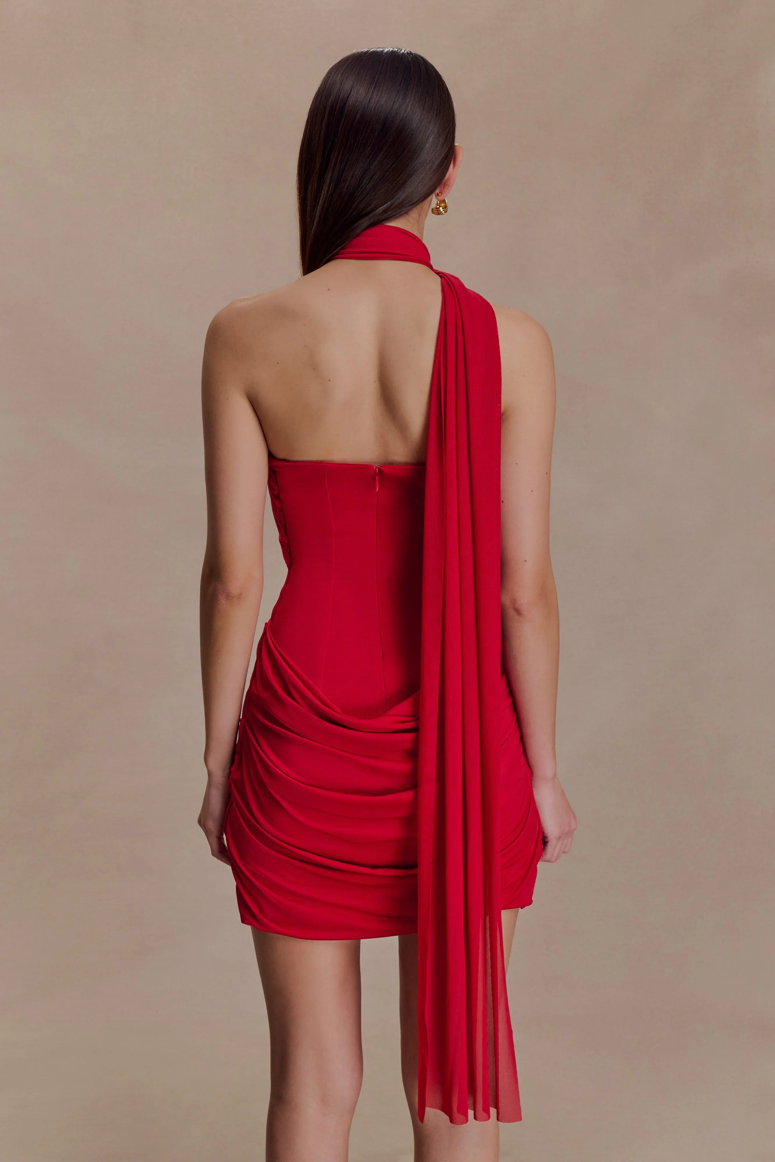 Mattea Slinky And Mesh Mini Dress With Scarf Red