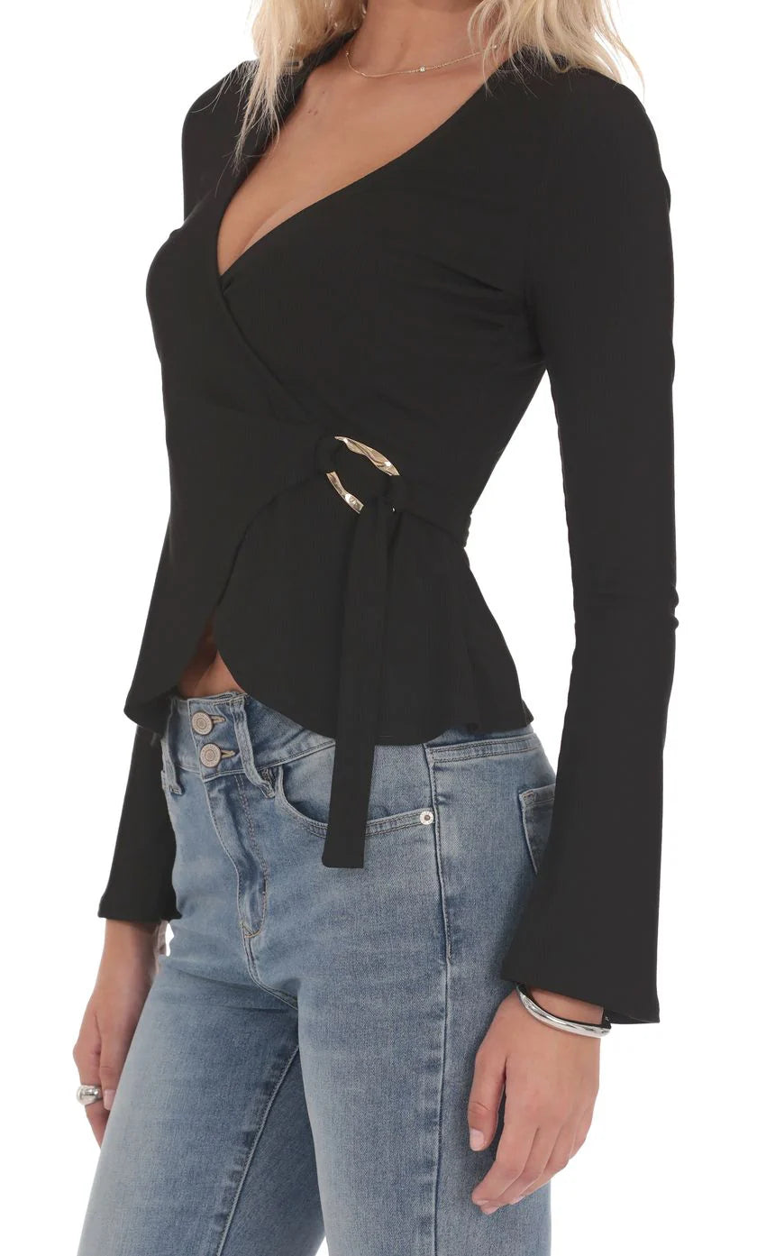 Embellished Wrap Top in Black