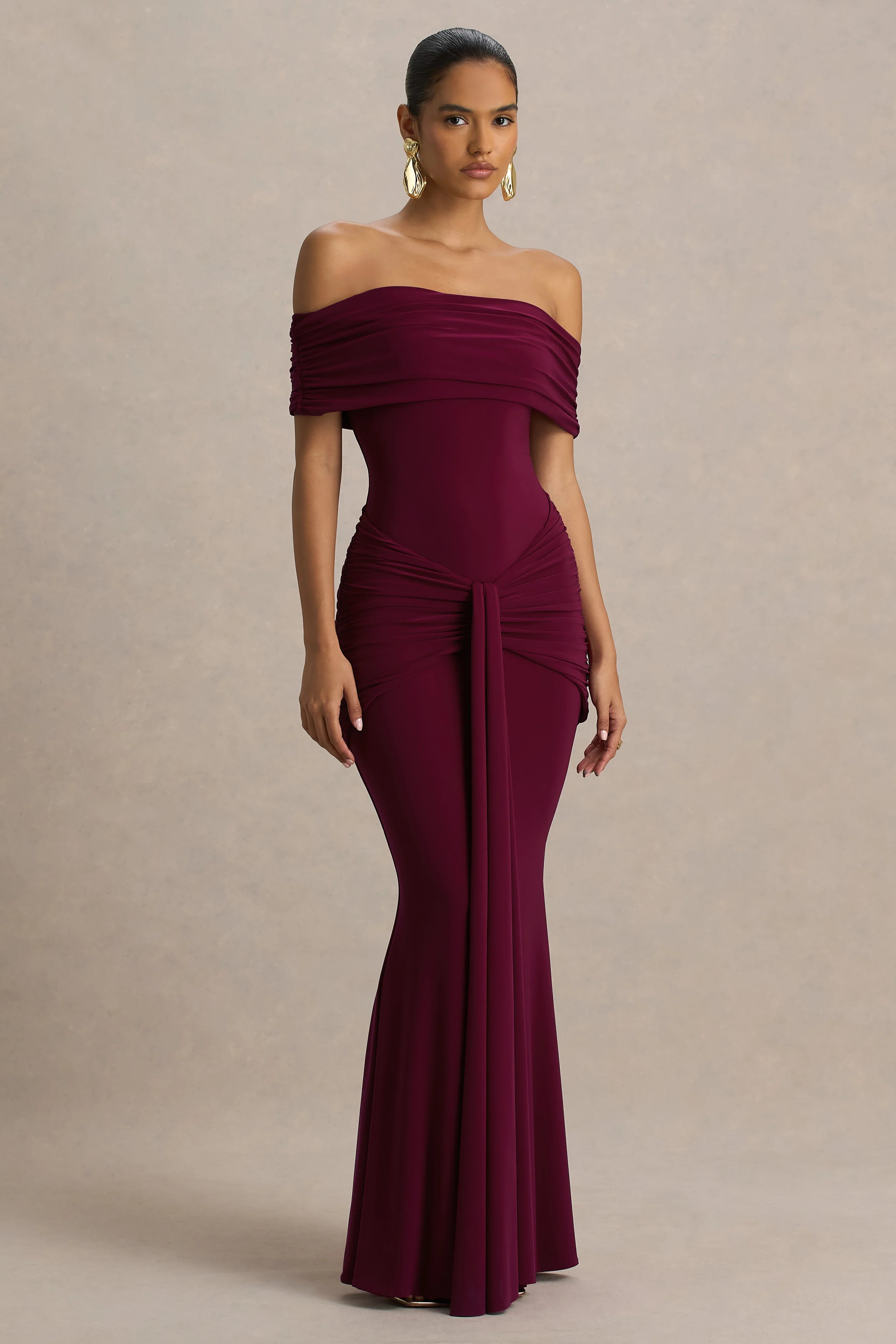 Envisioned Burgundy Bardot Neck Maxi Dress With Gathered And Drape Detail
