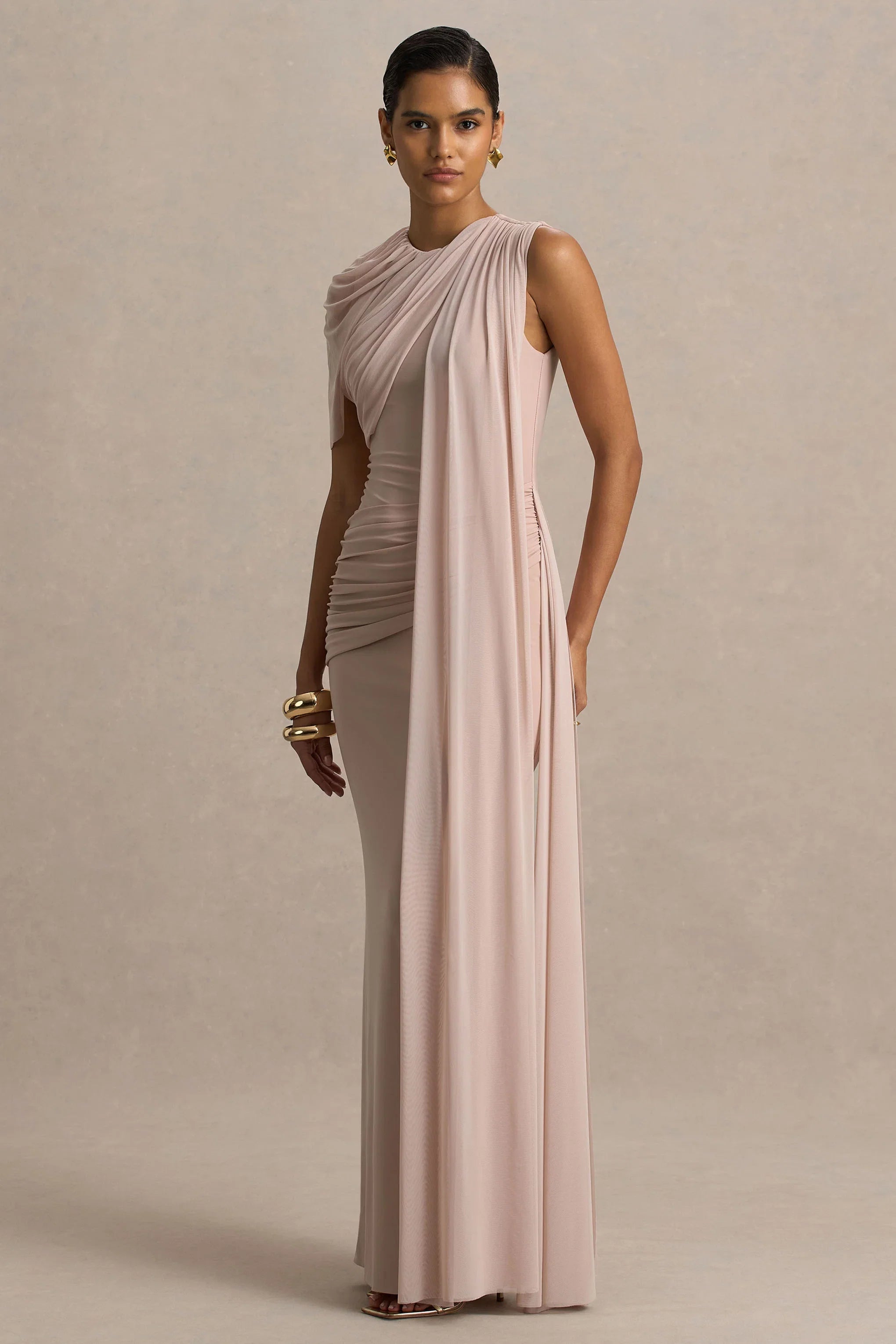 Brenda Champagne Crew Neck Maxi Dress With Mesh Cape And Sash