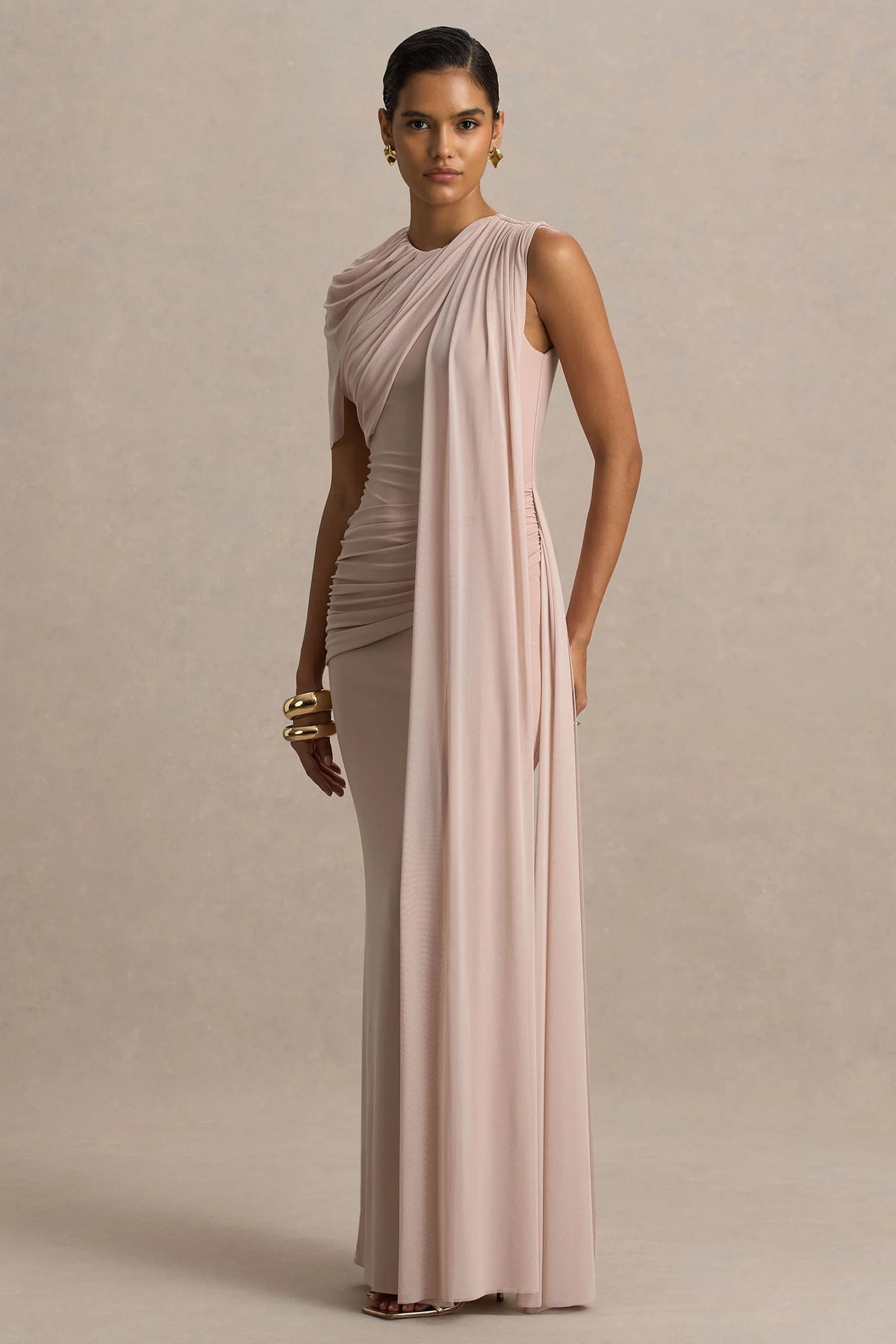 Brenda Champagne Crew Neck Maxi Dress With Mesh Cape And Sash