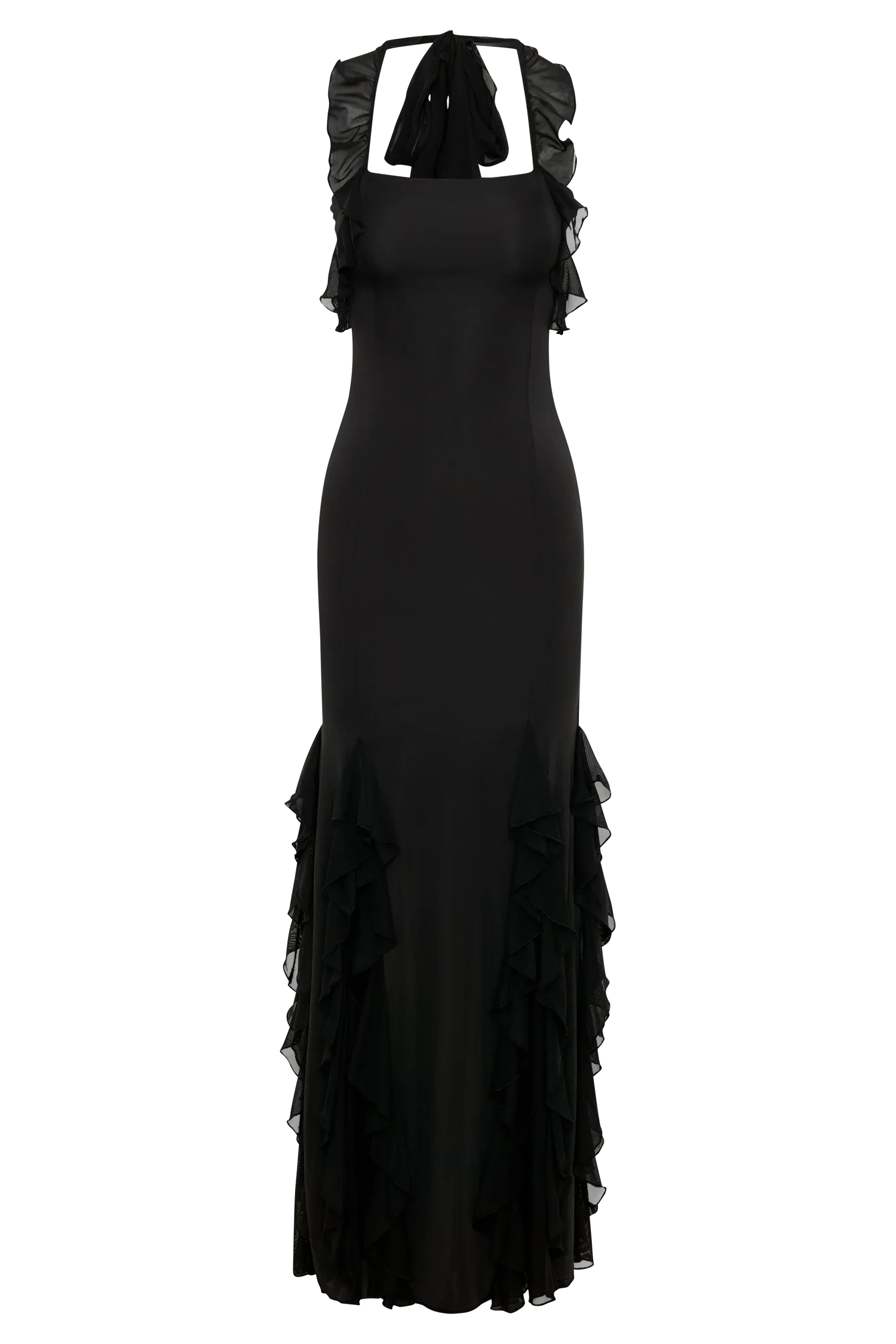 Etta Ruffle Slinky Maxi Dress Black