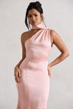 Golden Girl Blush Pink Satin One Shoulder High Neck Flared Midi Dress