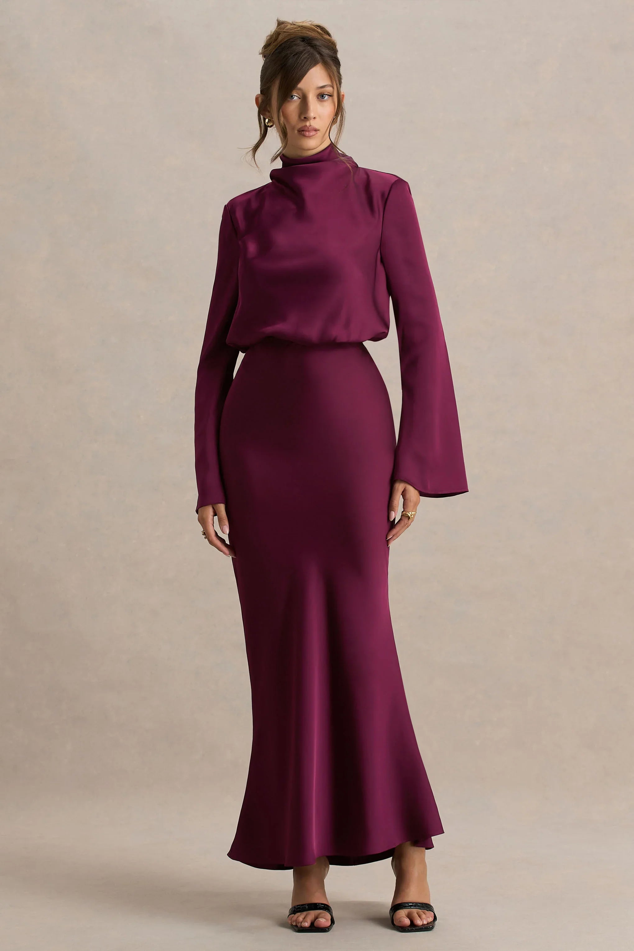Celina Burgundy Satin High Neck Maxi Dress