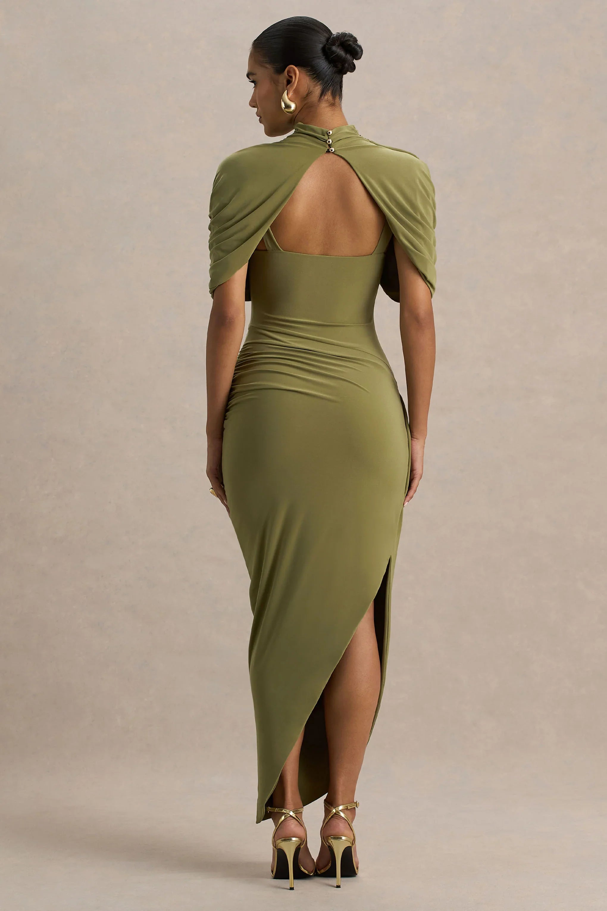 Enchant Olive Asymmetric Twisted Cape Midi Dress