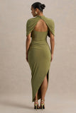 Enchant Olive Asymmetric Twisted Cape Midi Dress