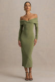 Spark Olive Bardot Neck Midi Dress With Bow Detail