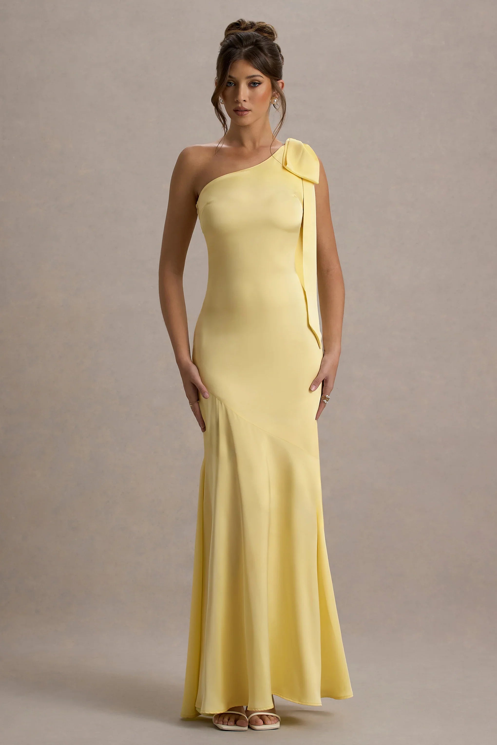 Here For Love Pale Lemon Satin Asymmetric Maxi Dress With Bow