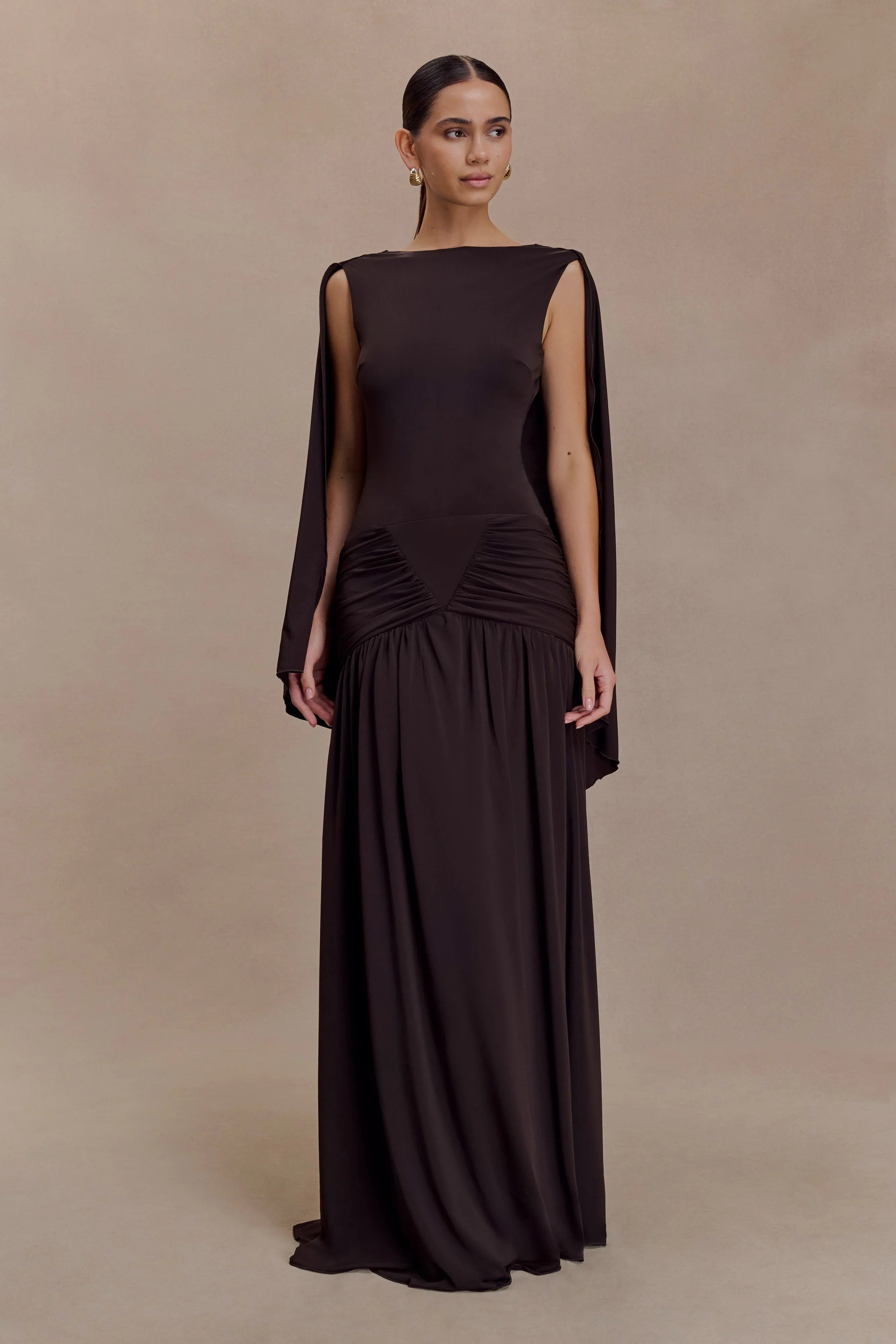Emory Jersey Cape Maxi Dress Chocolate