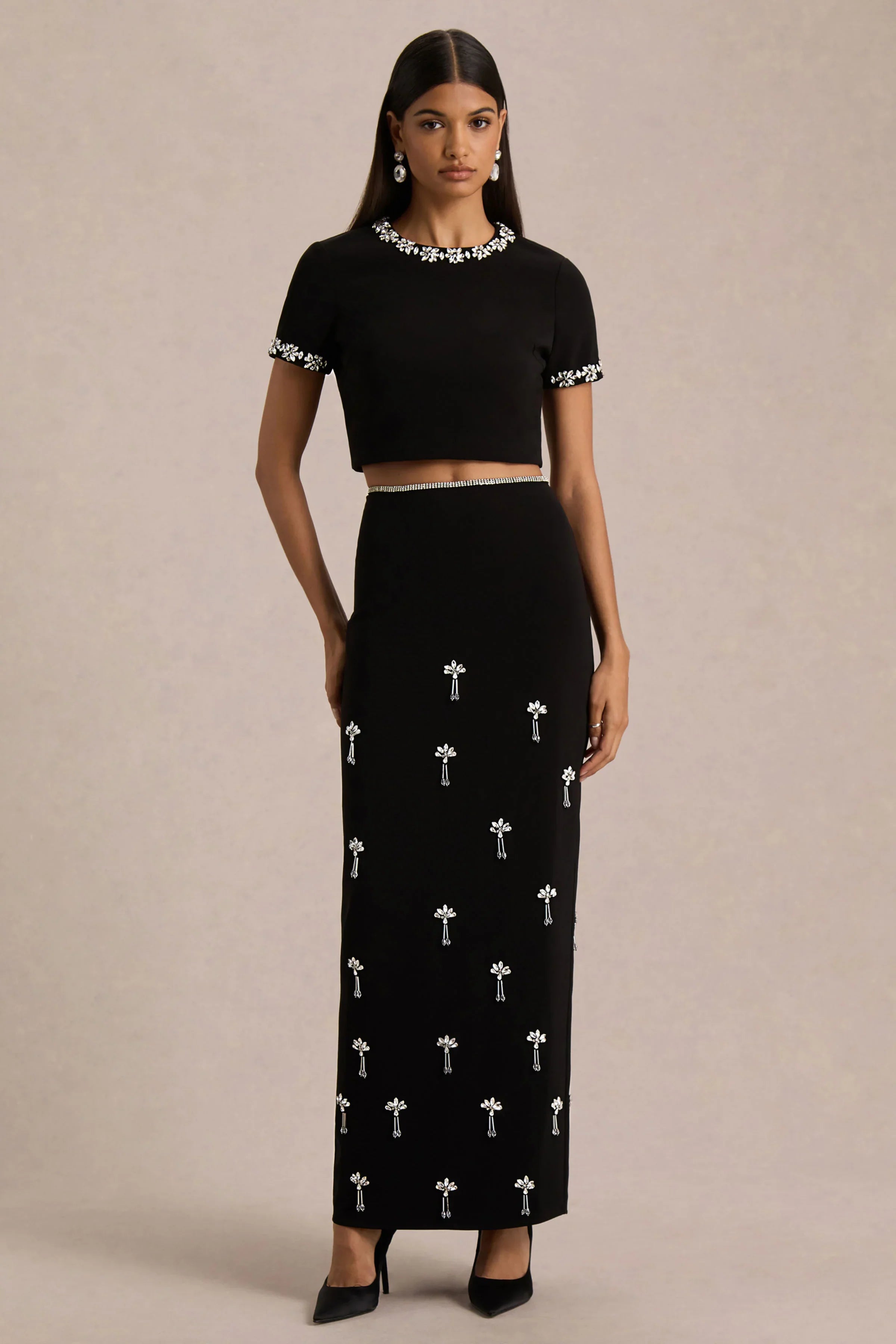 Aven Black Hand Embellished Maxi Skirt