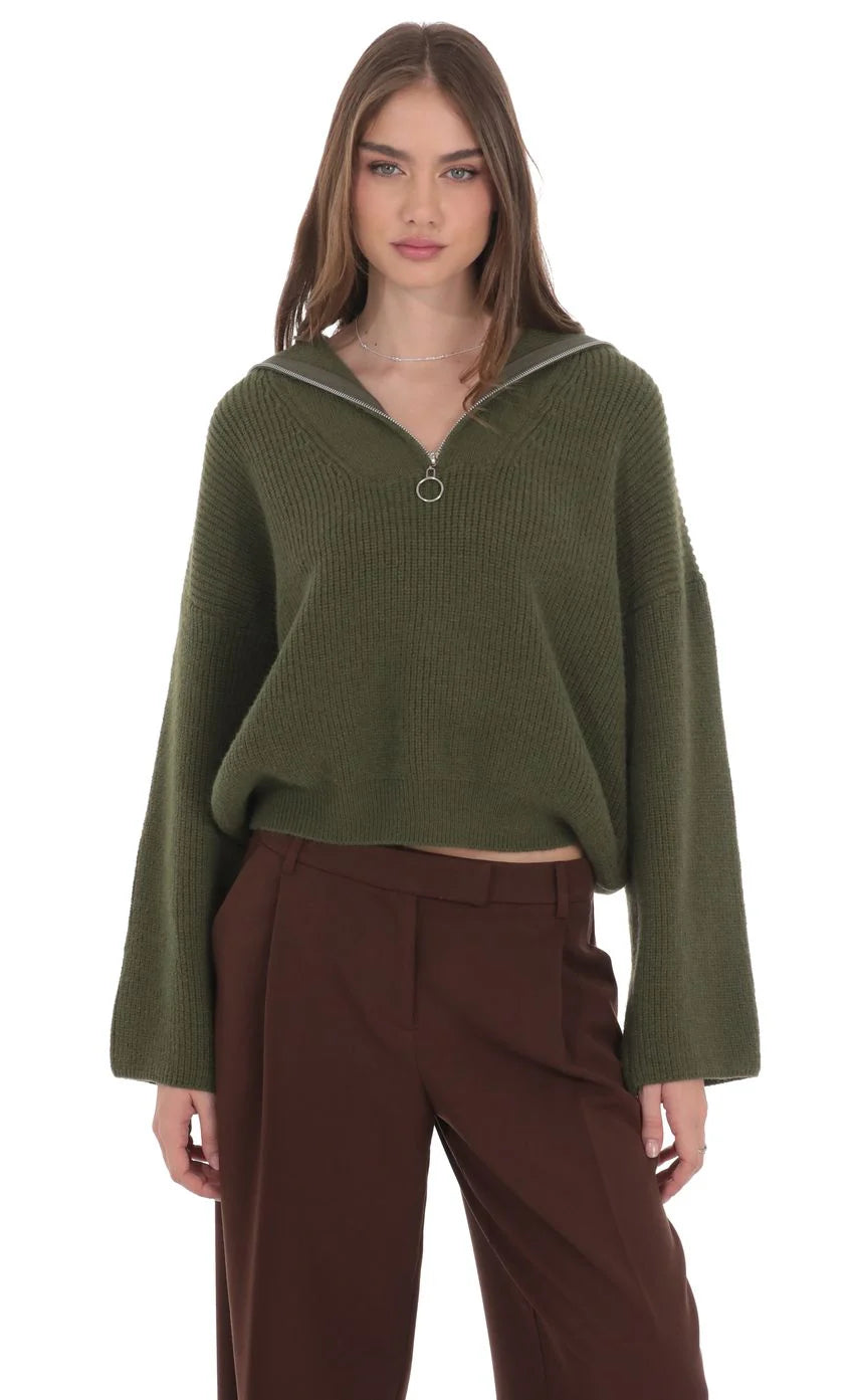 Knit Quarter Zip Jumper in Green