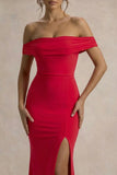 Law of Attraction Red Bardot Draped Split Maxi Dress