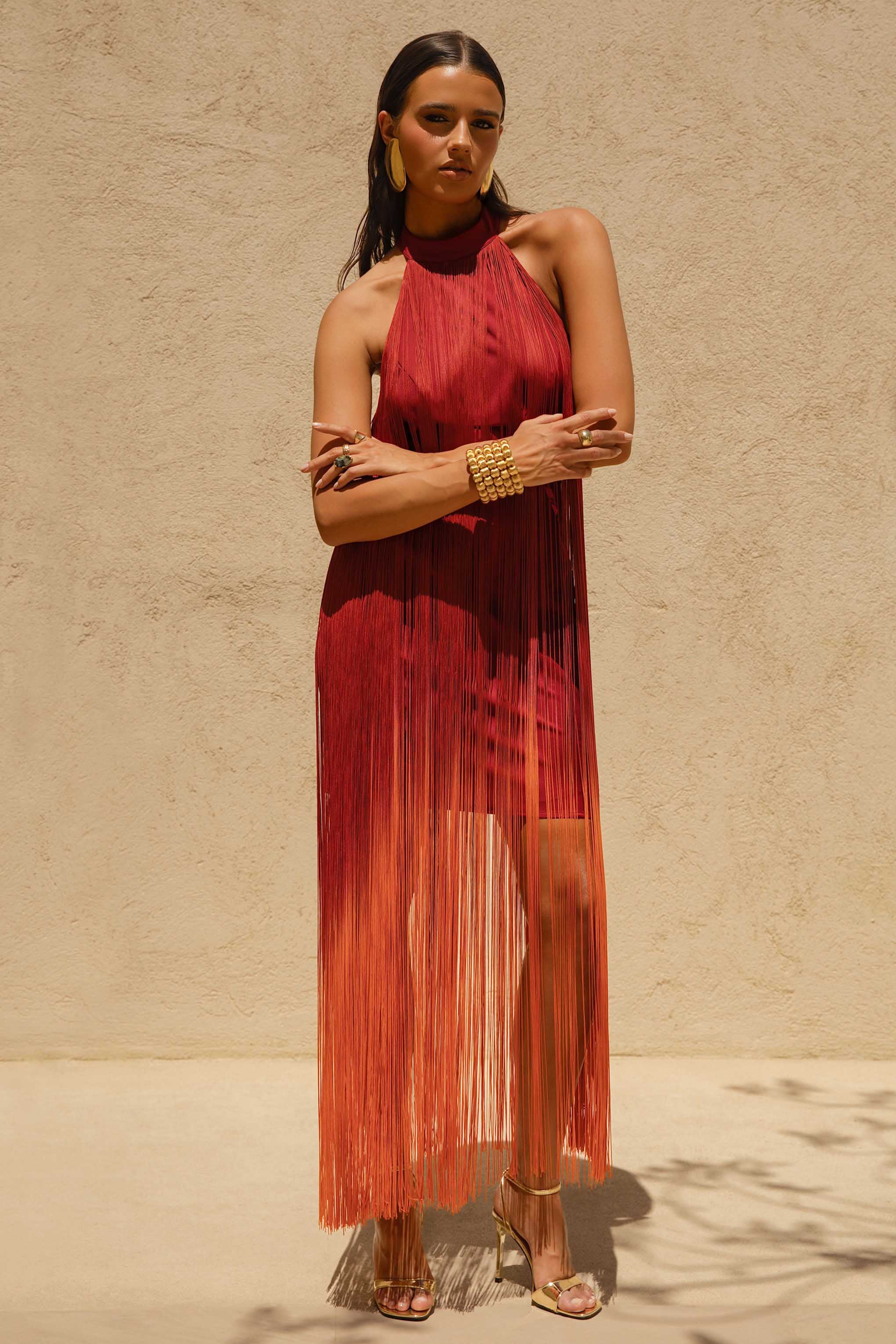 Alessia Orange Ombre Fringe High Neck Maxi Dress
