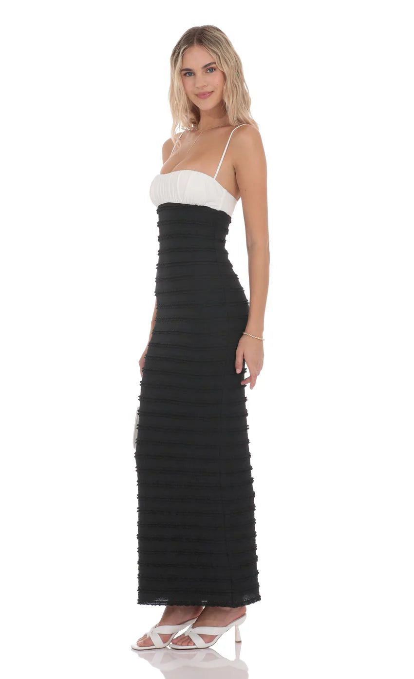 Two Toned Frill Maxi Dress in Black and White