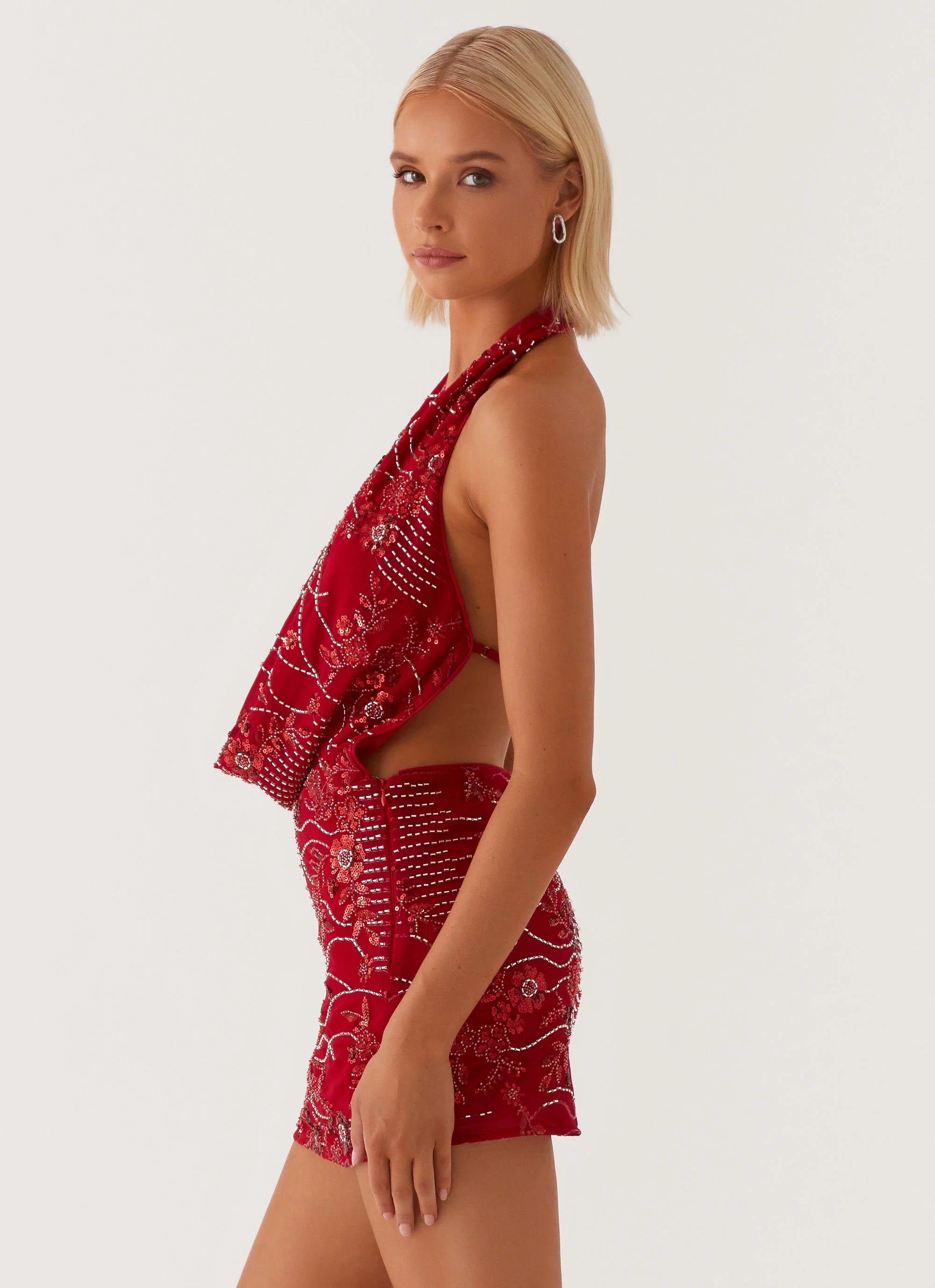 Olisa Cowl Neck Beaded Mini Dress Red
