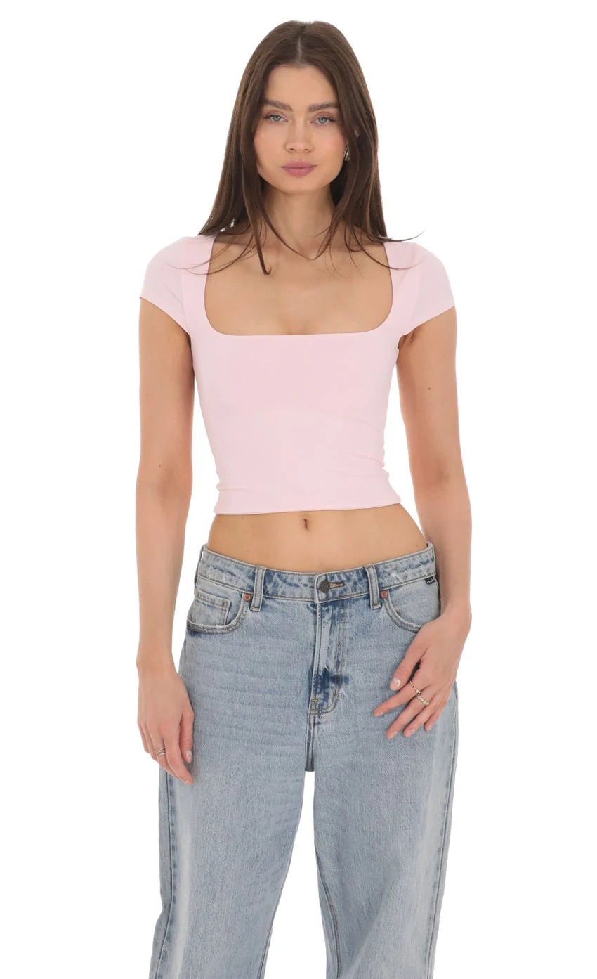 Short Sleeve Crop Top in Baby Pink