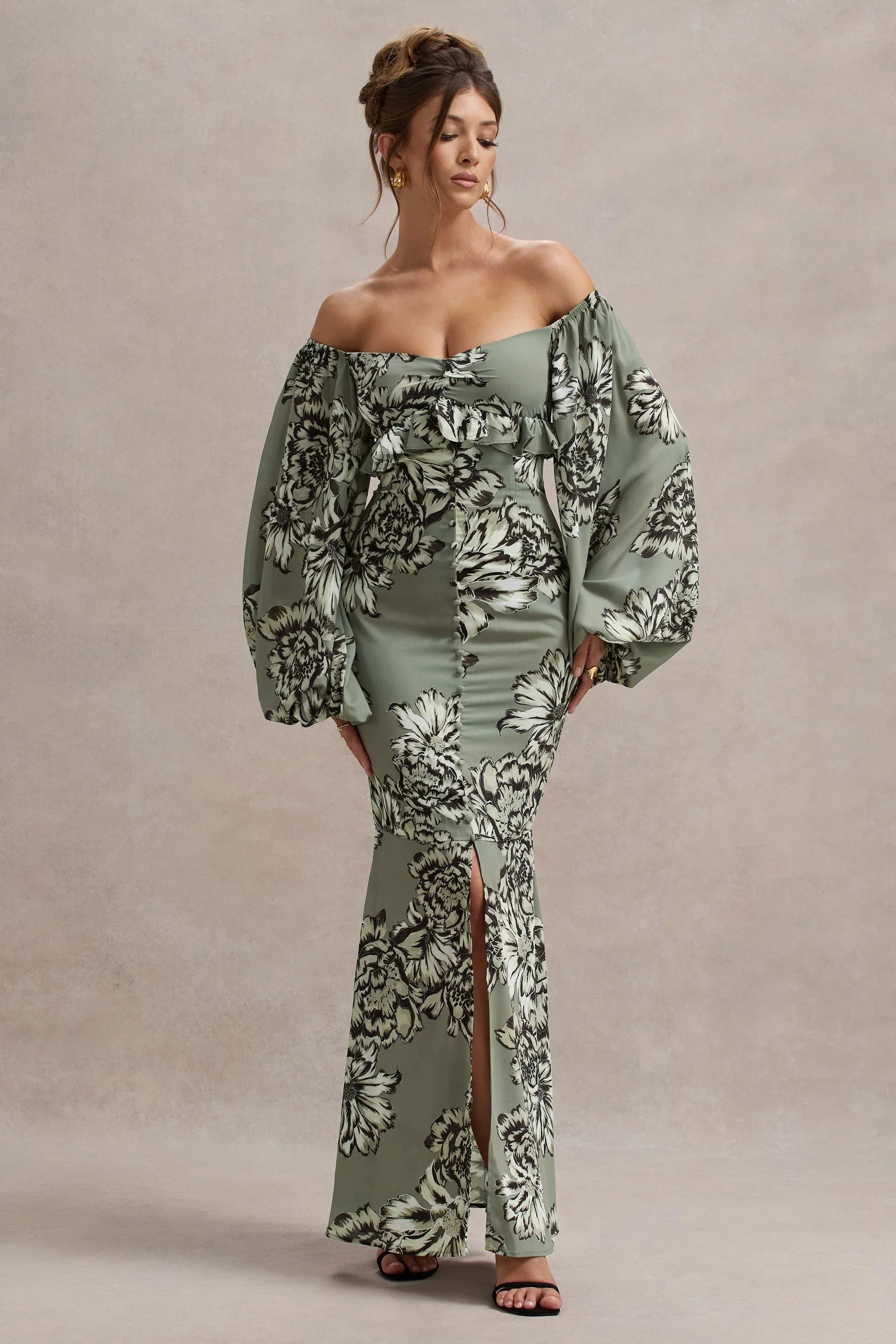 Murcia Olive Floral Print Chiffon Puff Sleeve Button Maxi Dress