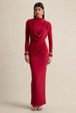 Karinthia Red High Neck Maxi Dress With Draped Detailing