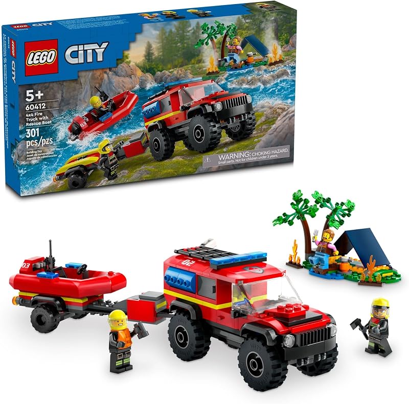 LEGO City 4x4 Fire Truck with Rescue Boat Building Toy for Boys Girls Ages 5 Gift for Birthdays Truck Toy W 3 Minifigures 60412
